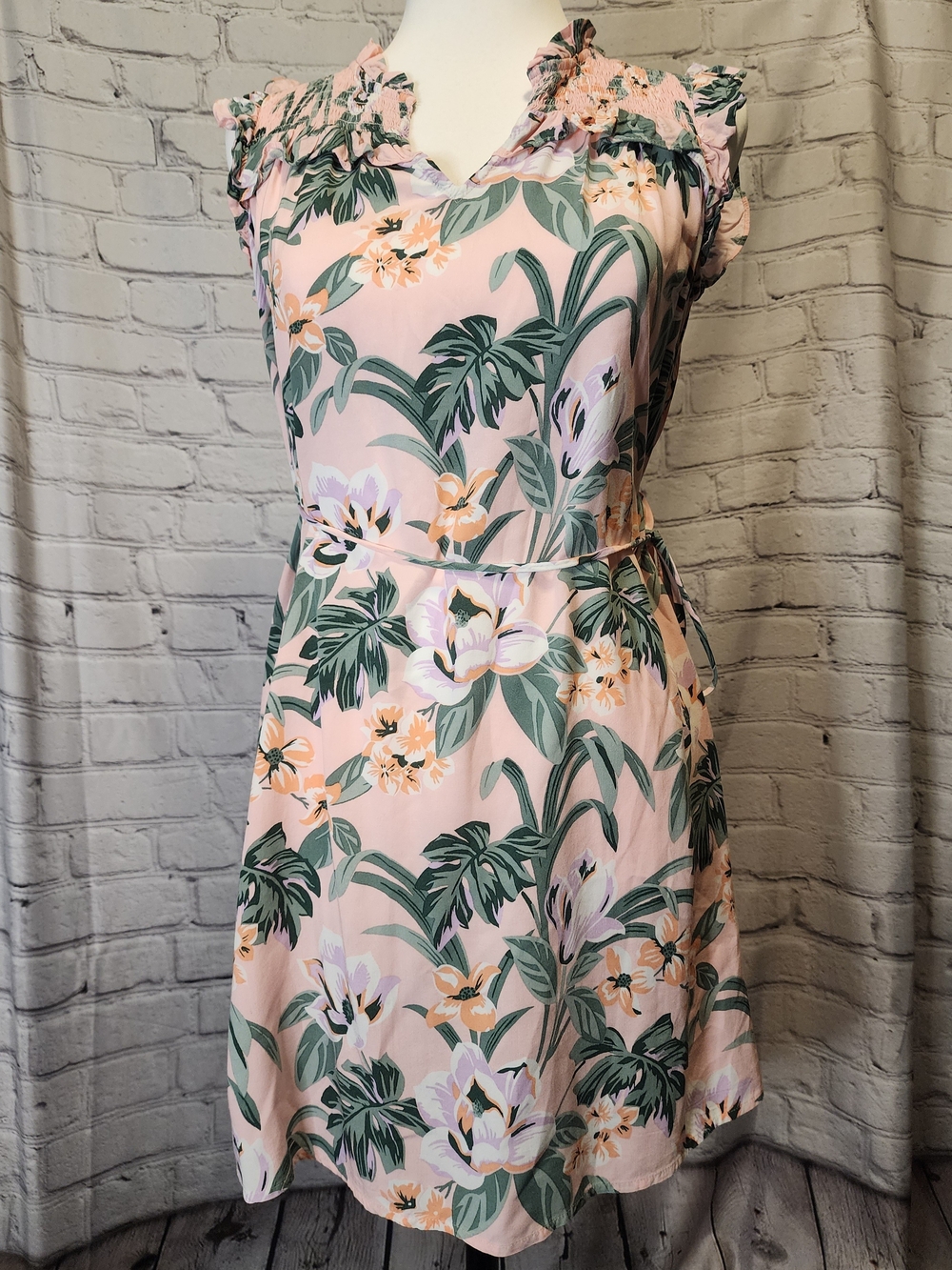 LOFT Blush Pink Tropical Floral Ruffle Dress